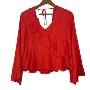 Cupcakes and cashmere coral orange ruffle top loose flowy crochet trim blouse